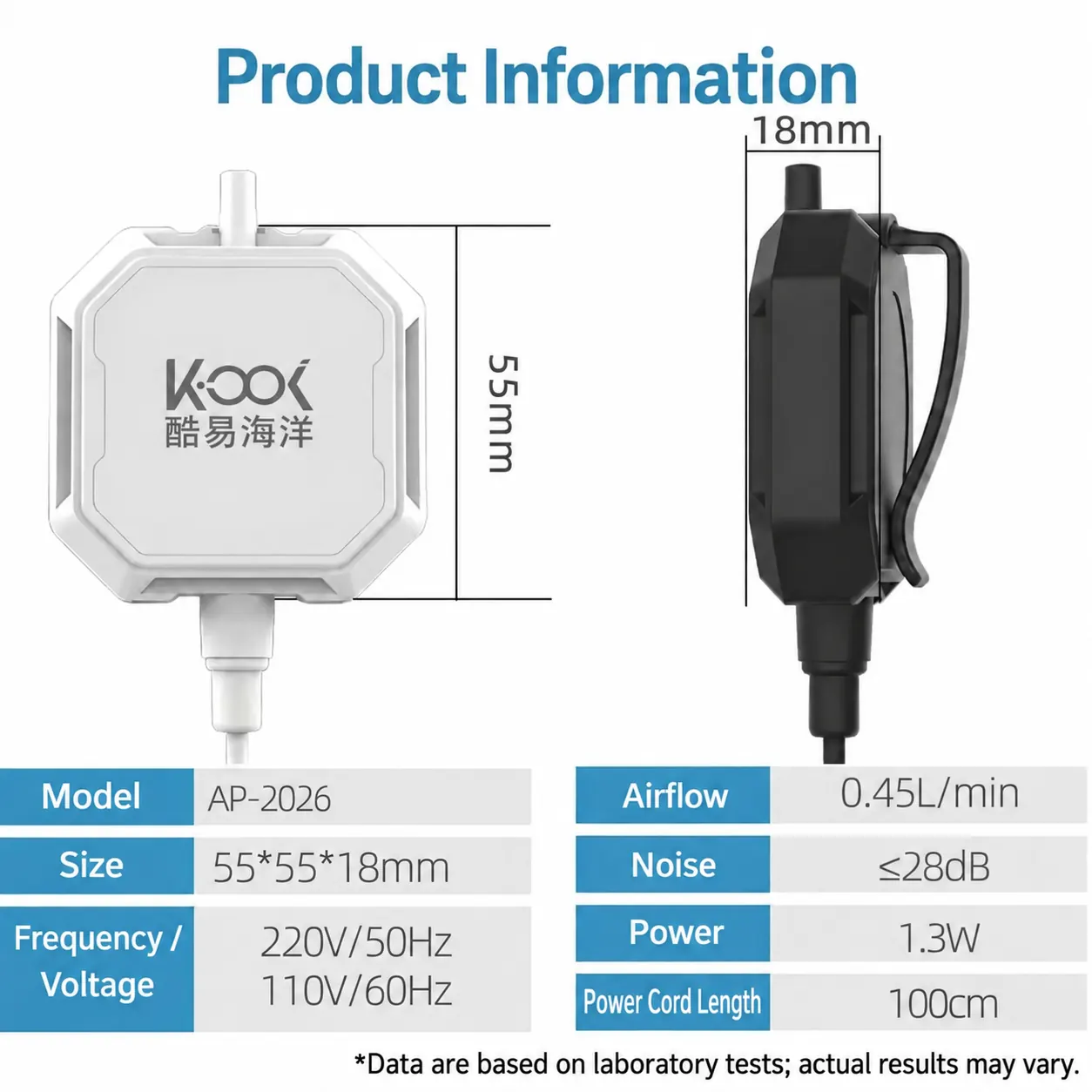 Front and side views of the KOOI AP-2026 aquarium air pump with dimensions and technical specifications