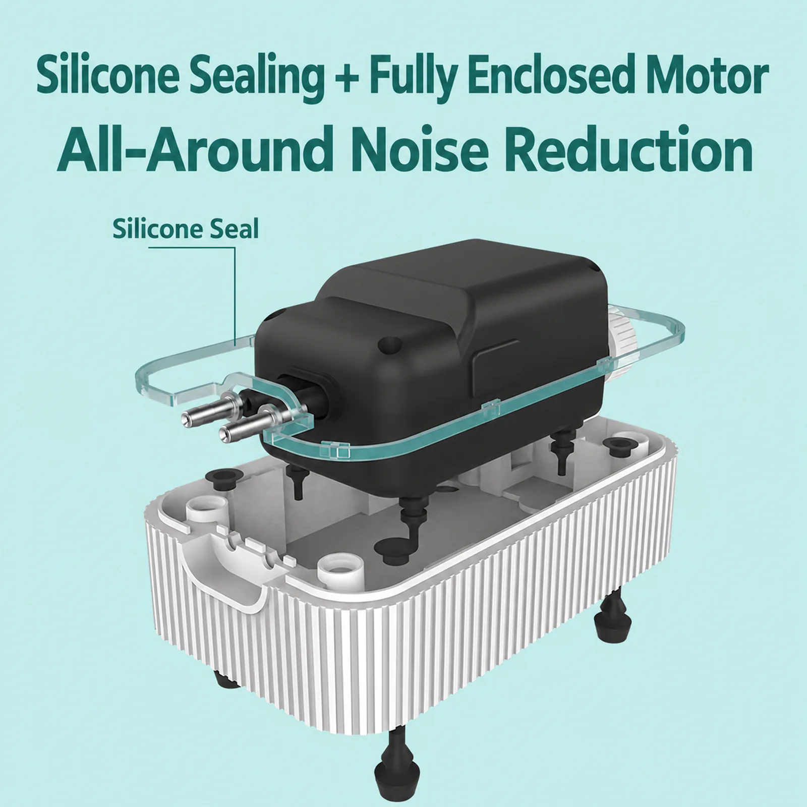  Enclosed black motor mounted inside the white pump housing with a transparent silicone seal.