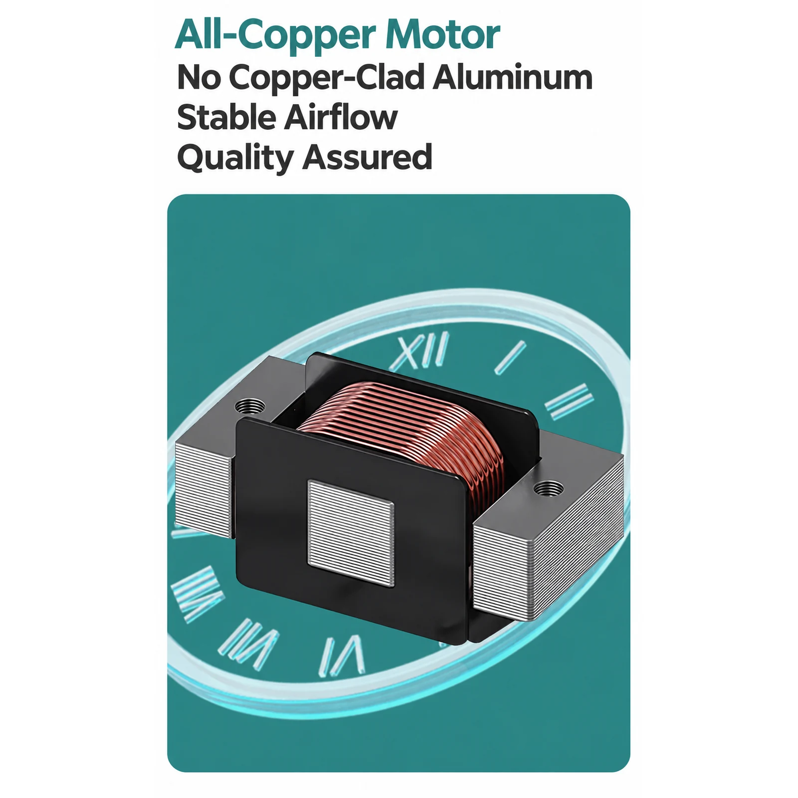 All-copper aquarium air pump motor displayed over a clock graphic to highlight stable airflow and build quality