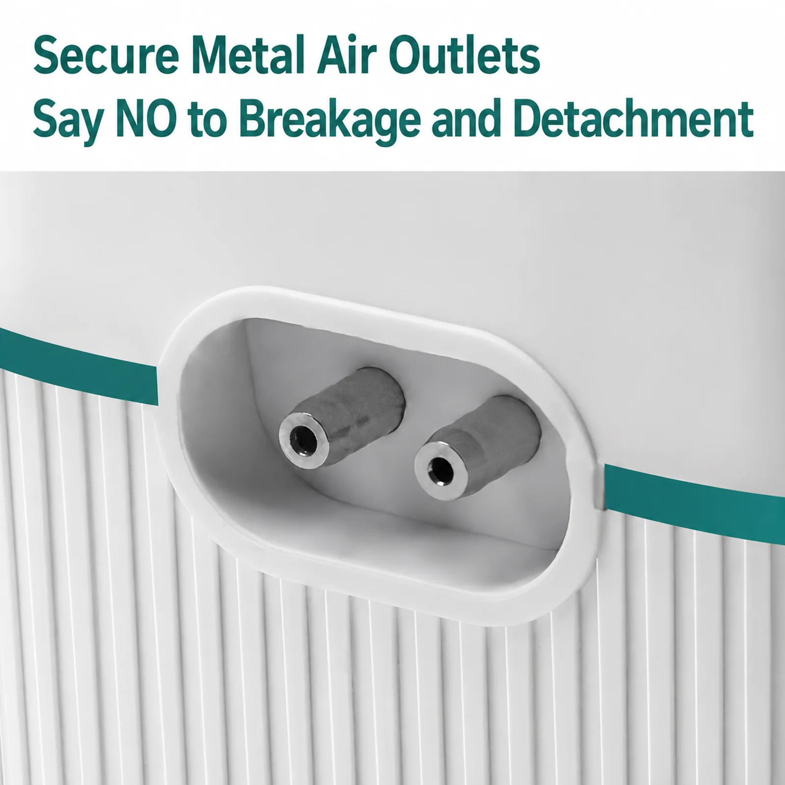 Close-up of two metal air outlets recessed into the white ribbed pump housing.