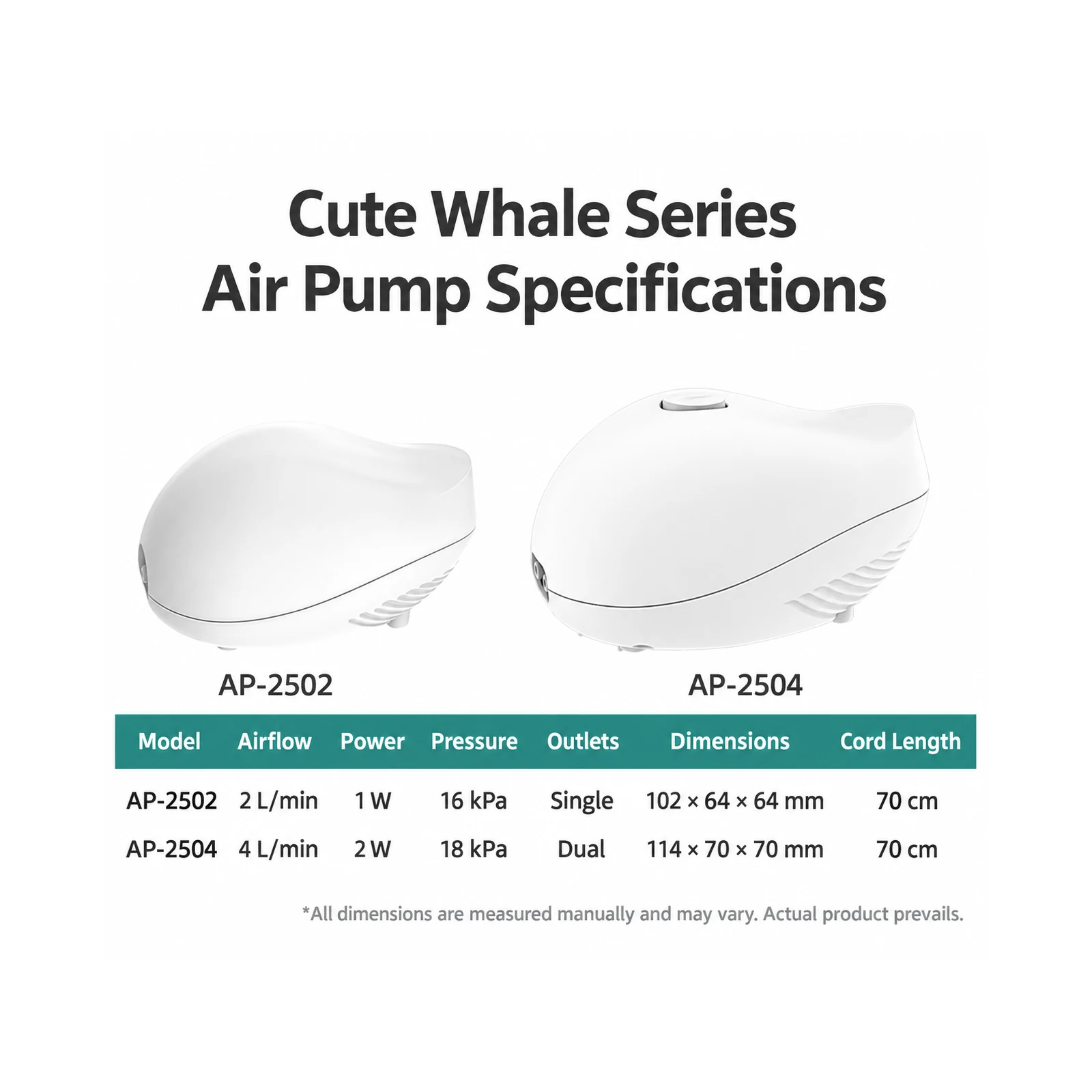 KOOI Cute Whale Series AP-2502 and AP-2504 aquarium air pumps with model specifications