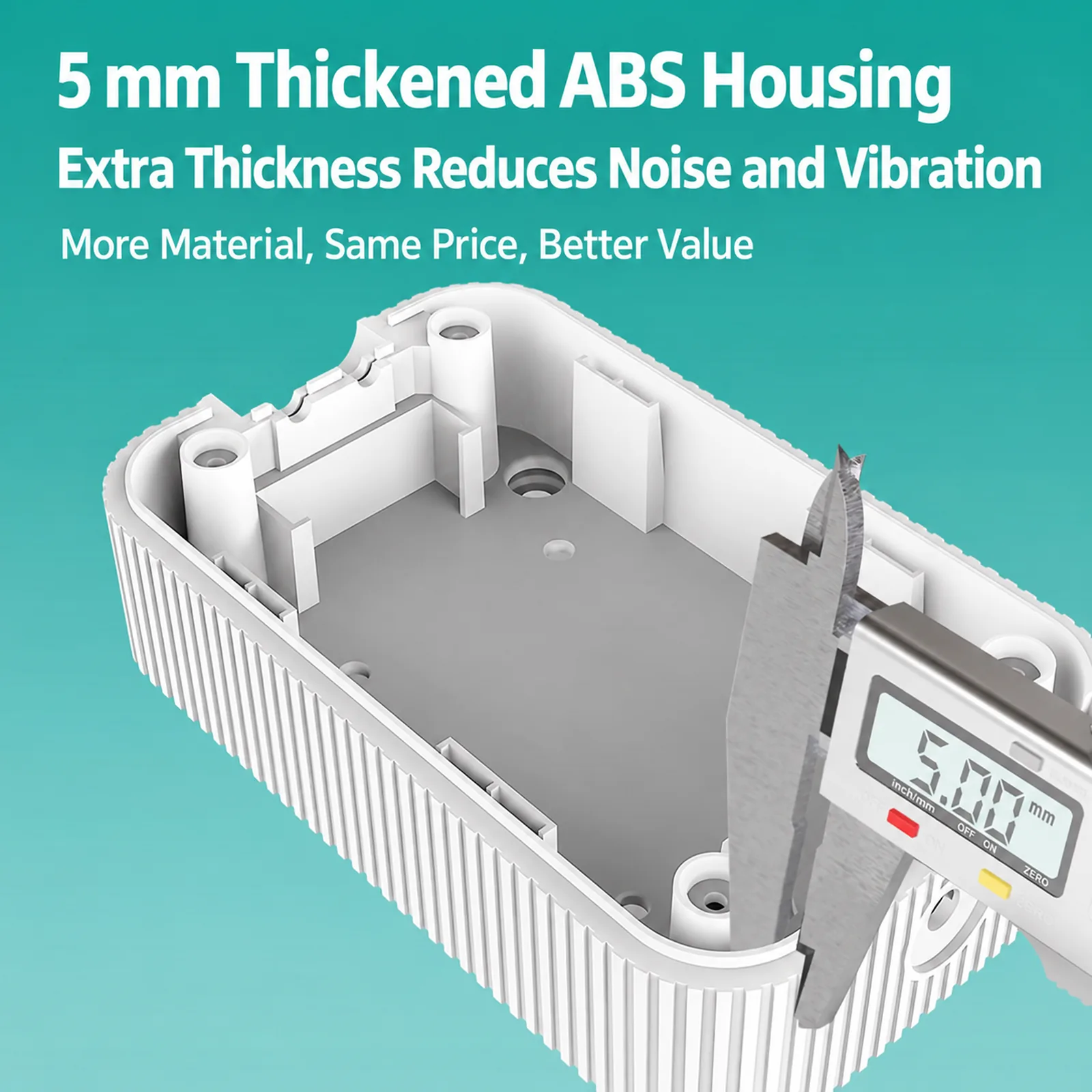  White ABS air pump housing measured at 5.00 mm with a digital caliper.