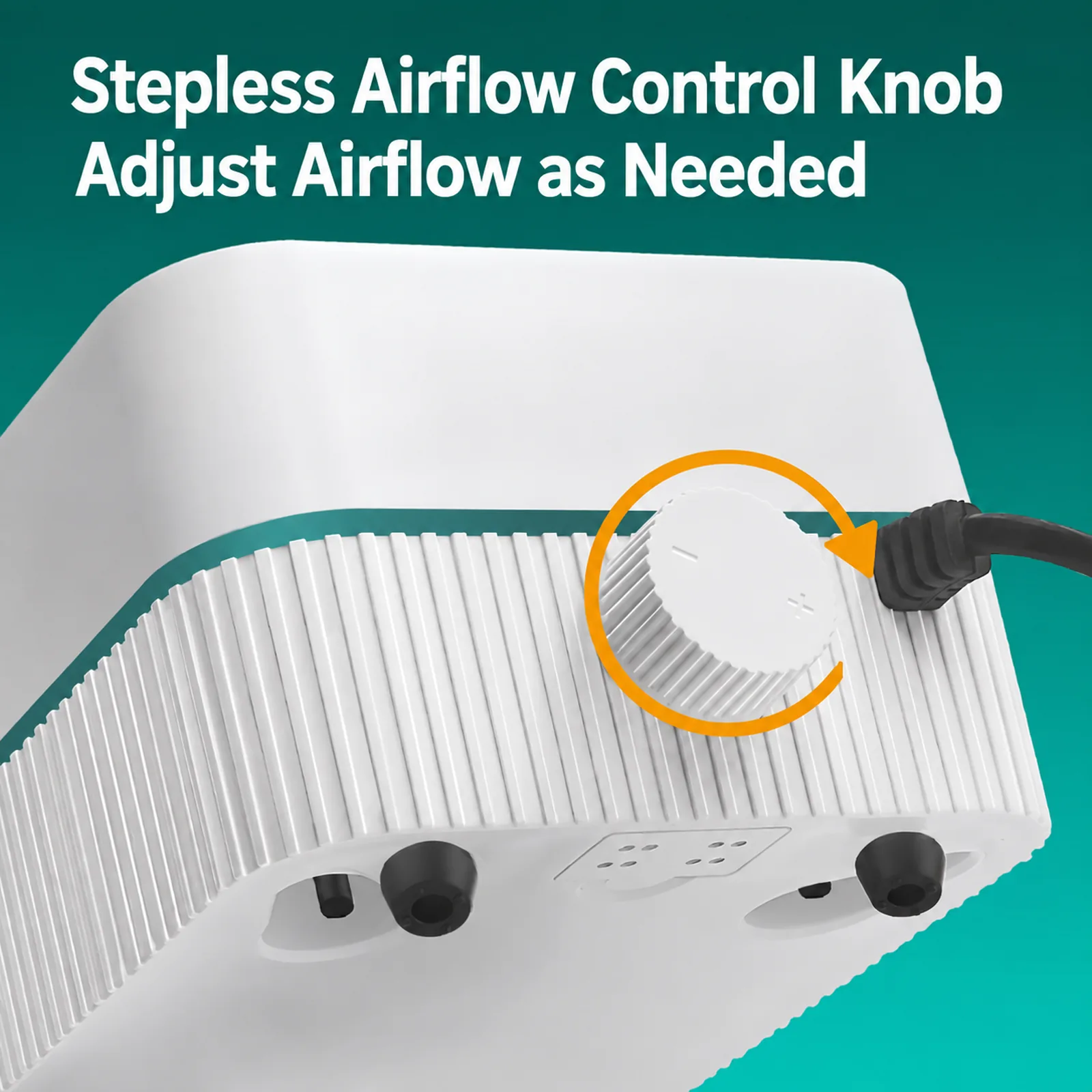 Stepless airflow adjustment knob on the side of the white aquarium air pump.
