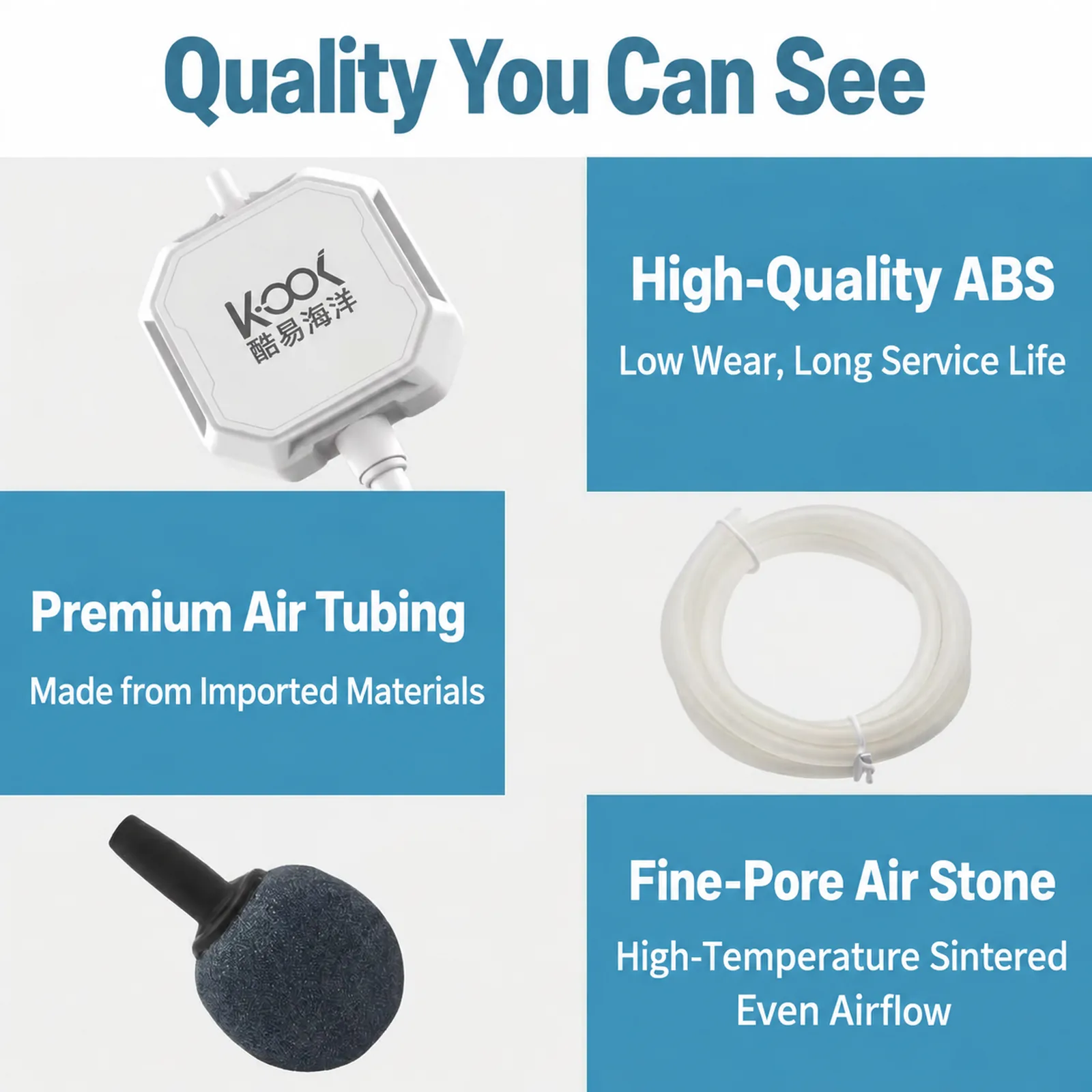  KOOI mini aquarium air pump, air tubing, and fine-pore air stone with material and durability feature text