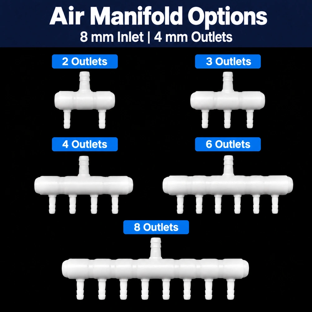 Aquarium air manifold chart comparing 2-, 3-, 4-, 6- and 8-outlet versions with an 8 mm inlet and 4 mm outlets.