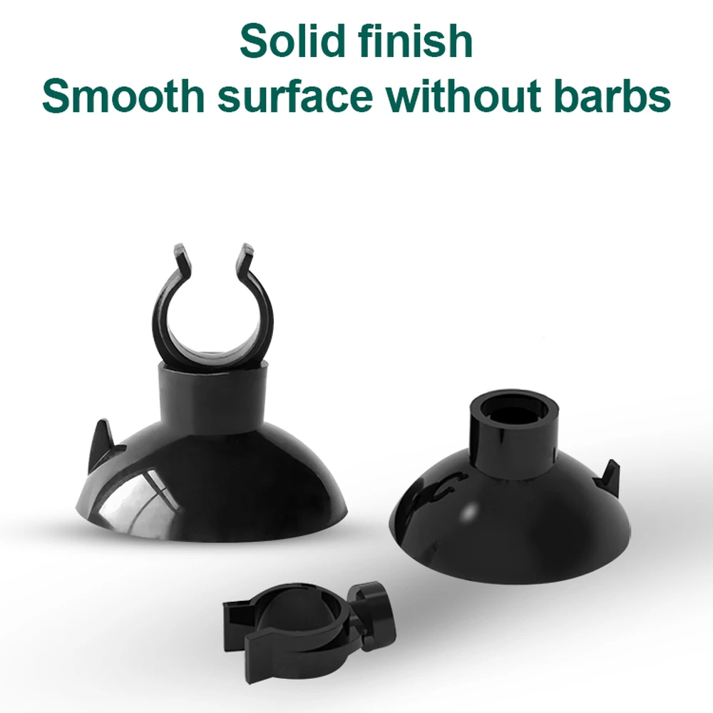 Black aquarium tube clip shown assembled and separated into its U-shaped clip and suction-cup base.
