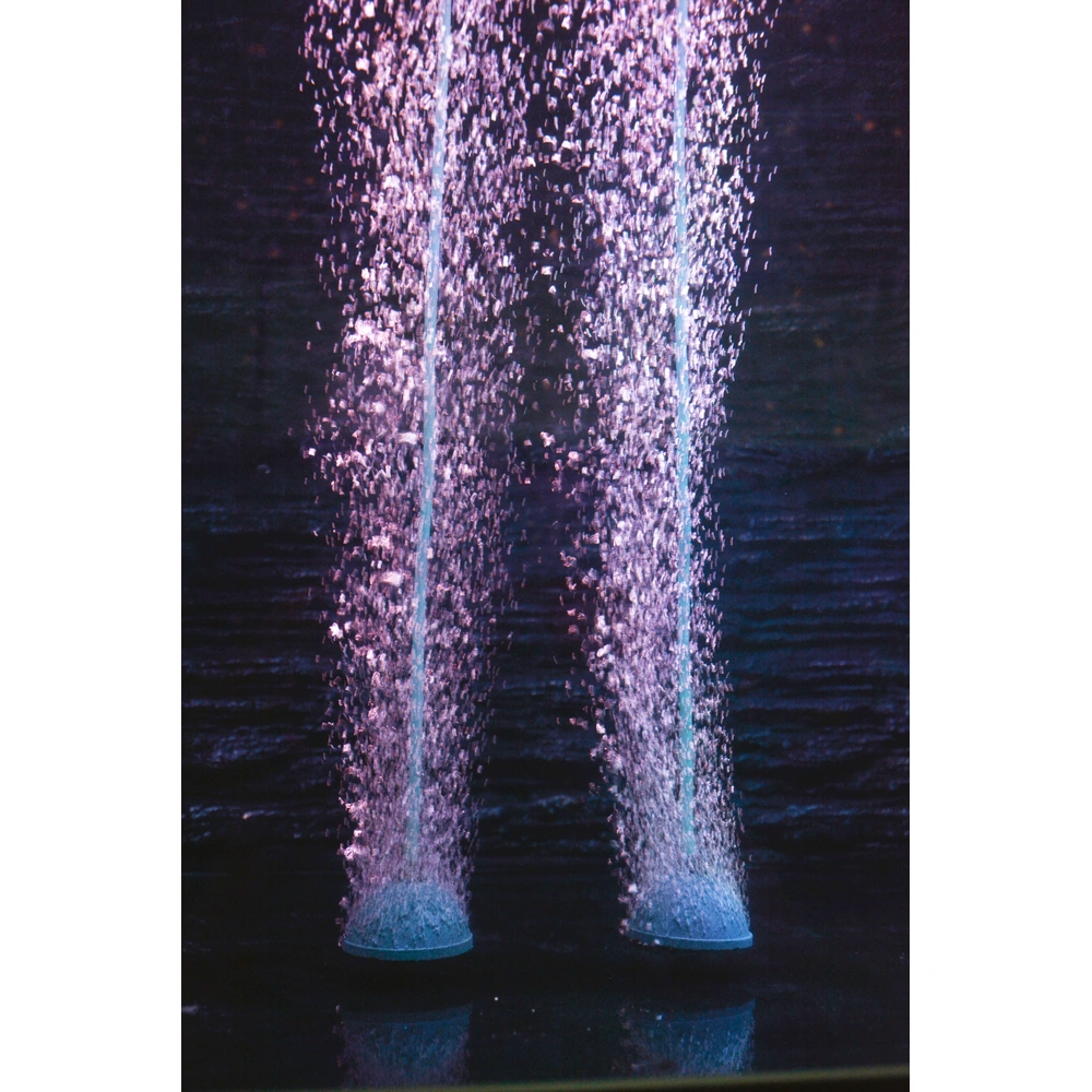 Close-up of two KOOI dome aquarium air stones connected to airline tubing and releasing bubbles under blue and purple lighting.