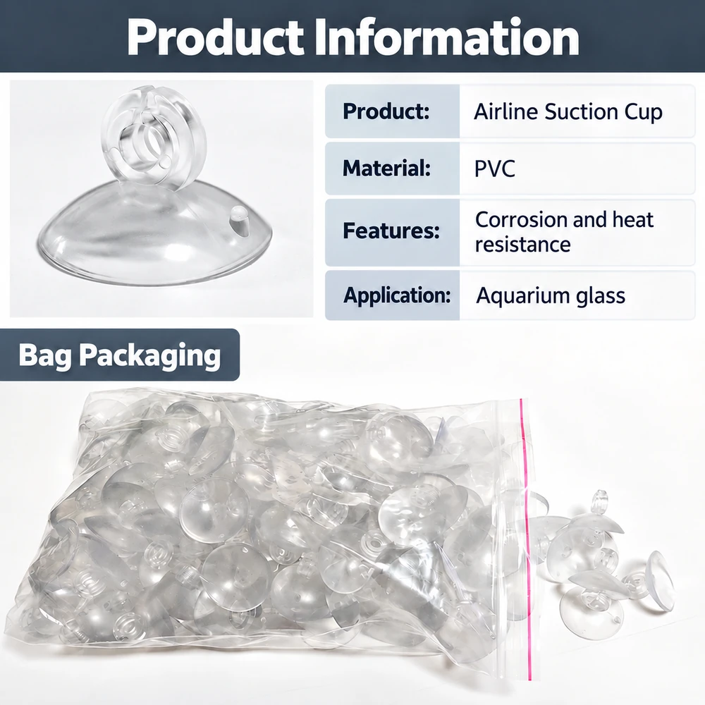 PVC aquarium airline suction cups with corrosion and heat resistance for aquarium glass, supplied in bag packaging.