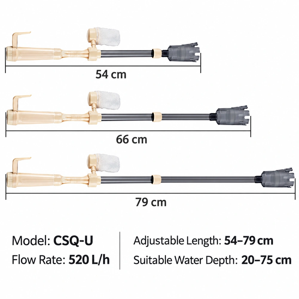 CSQ-U aquarium gravel cleaner length diagram showing 54, 66 and 79 cm configurations and a suitable water depth of 20–75 cm.