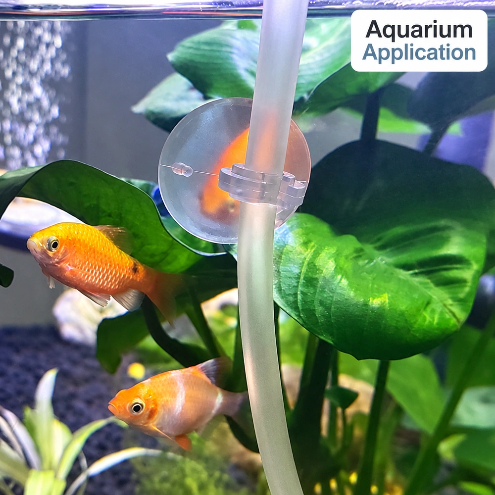 Clear PVC aquarium airline suction cup holding tubing vertically against the glass in a planted aquarium.