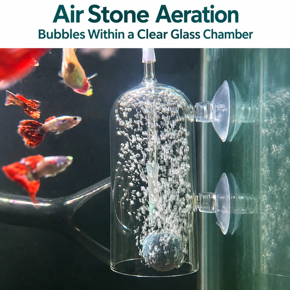 Glass aquarium air stone splash guard secured to the tank wall by two suction cups, with bubbles rising from the air stone inside the clear chamber.