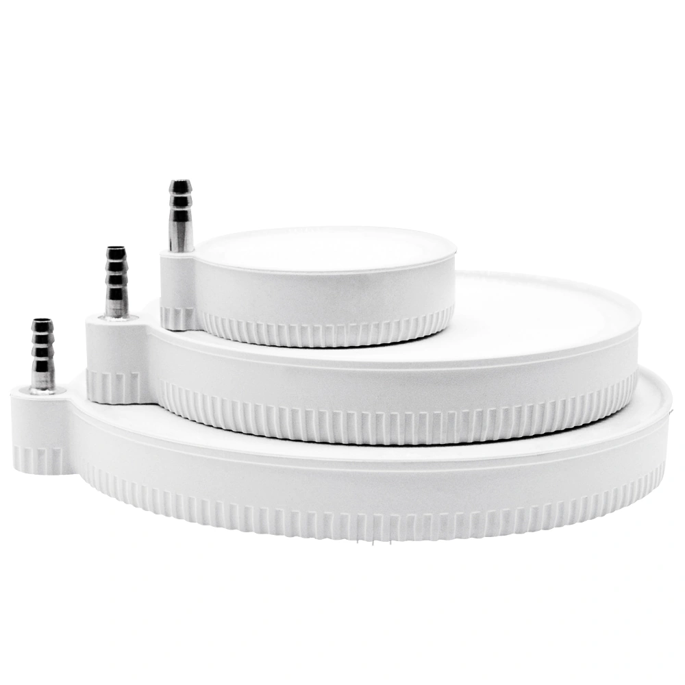 Beluga aquarium air diffuser discs in three sizes, stacked to show their white surfaces and metal airline connectors.