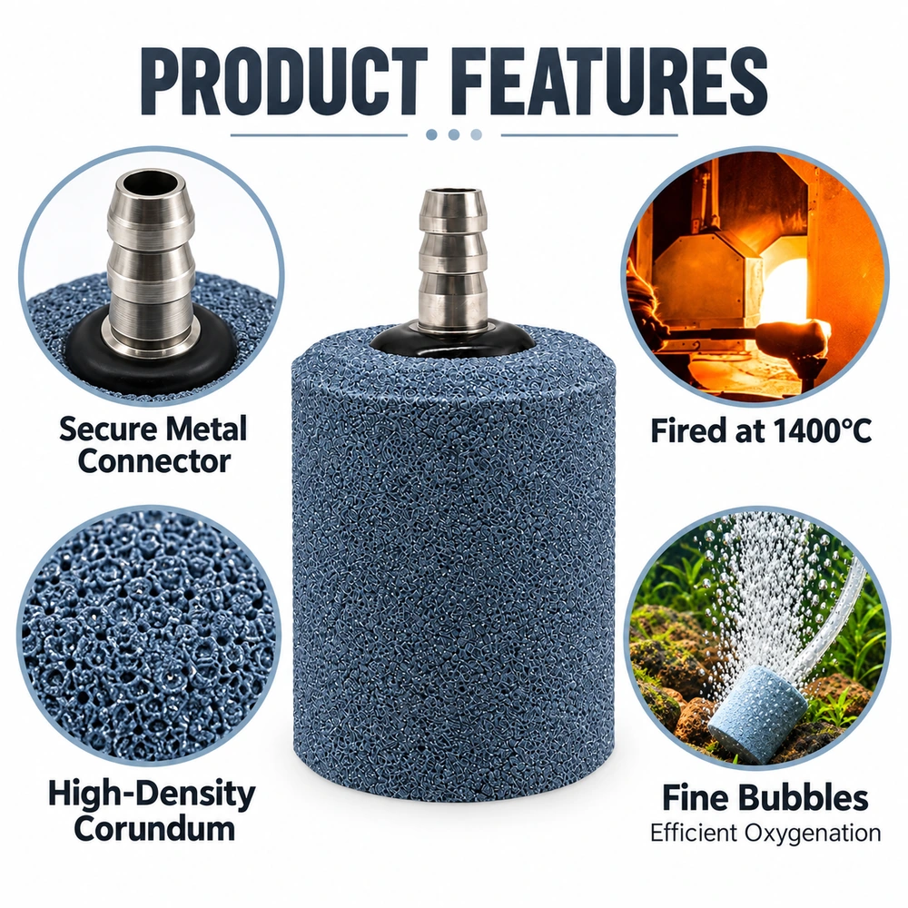Cylindrical aquarium air stone feature panel showing the metal connector, porous surface, 1,400°C firing illustration and bubble output.