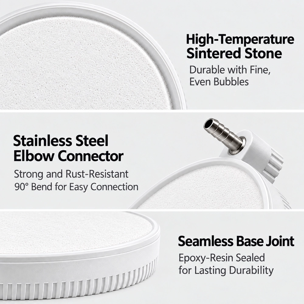 Beluga aquarium air diffuser disc details showing the sintered stone surface, stainless steel elbow connector and epoxy-resin-sealed base joint.