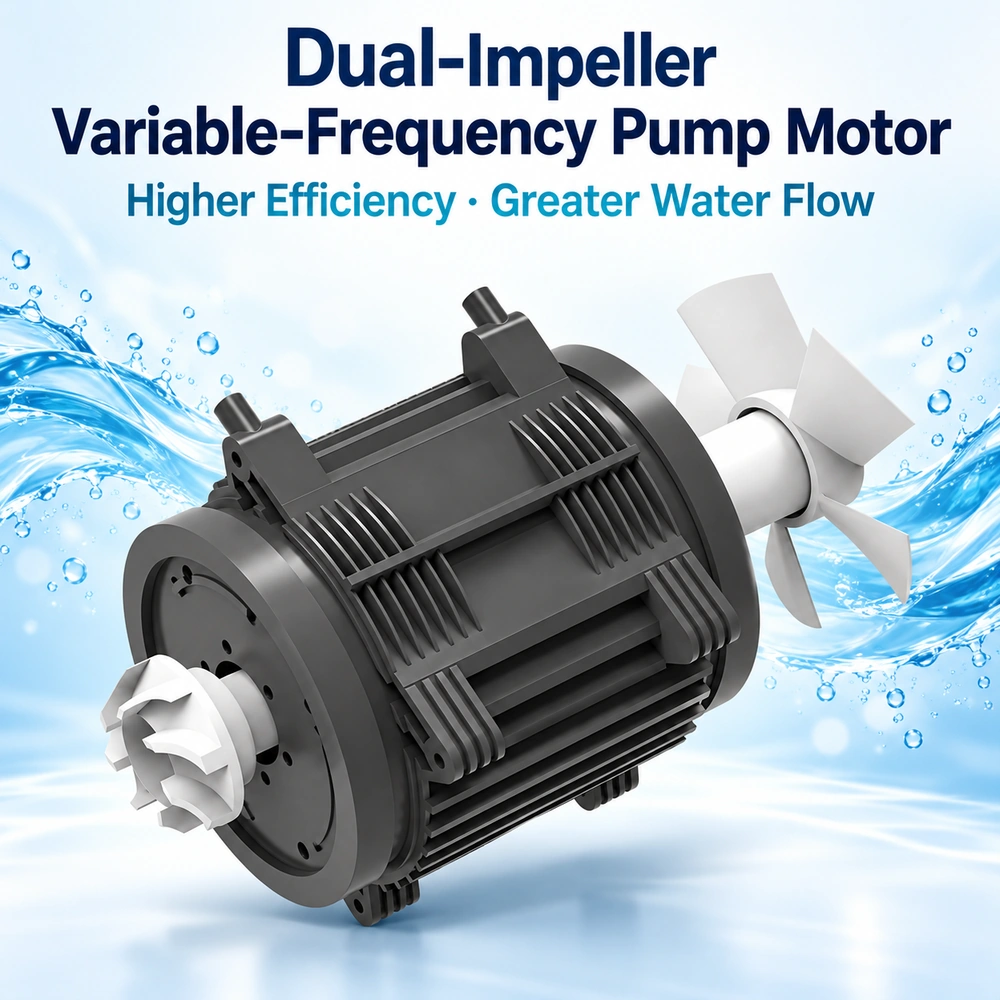 Tank water pump motor illustration showing the dual-impeller variable-frequency design.