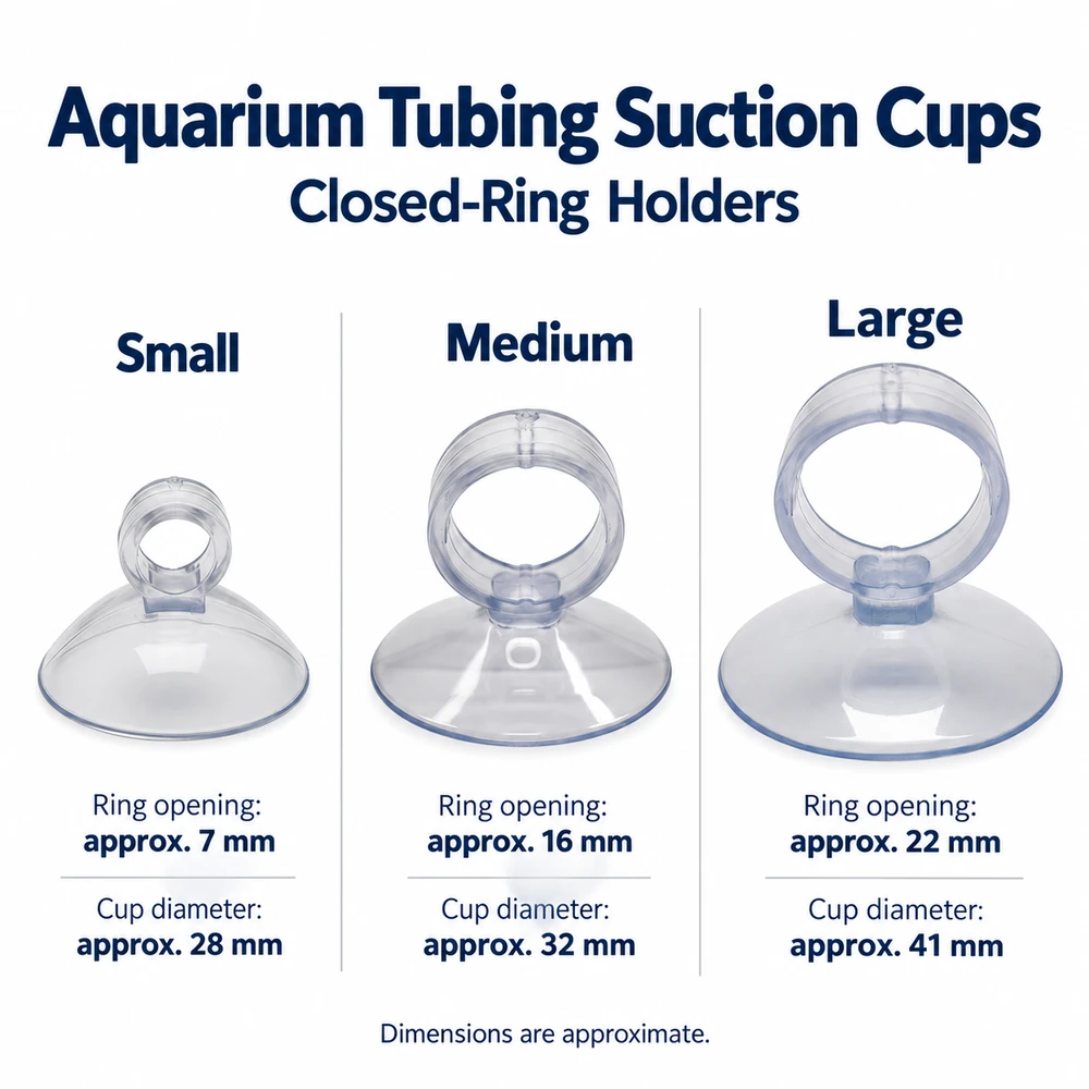 Aquarium tubing suction cup size comparison showing small, medium and large closed-ring holders and their approximate dimensions.