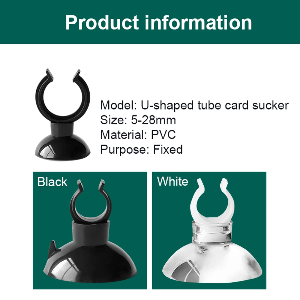 Product information for PVC aquarium tube clips, showing black and white options and clip sizes from 5 to 28 mm.