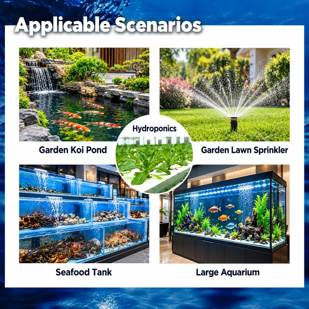 Small Mouth high-head water pump application collage showing a koi pond, lawn sprinkler, hydroponic crops, seafood tanks and a large aquarium.