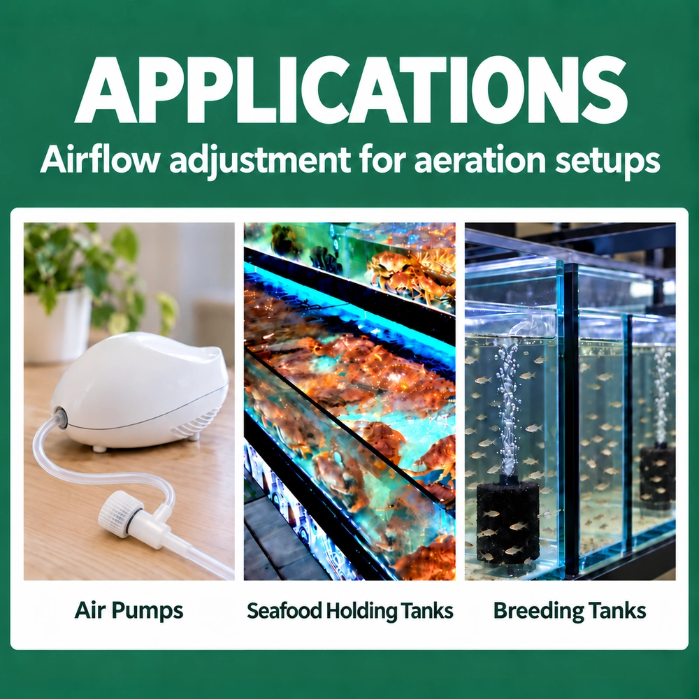Aquarium air control valve application collage showing an air-pump connection, seafood holding tanks and fish breeding tanks.