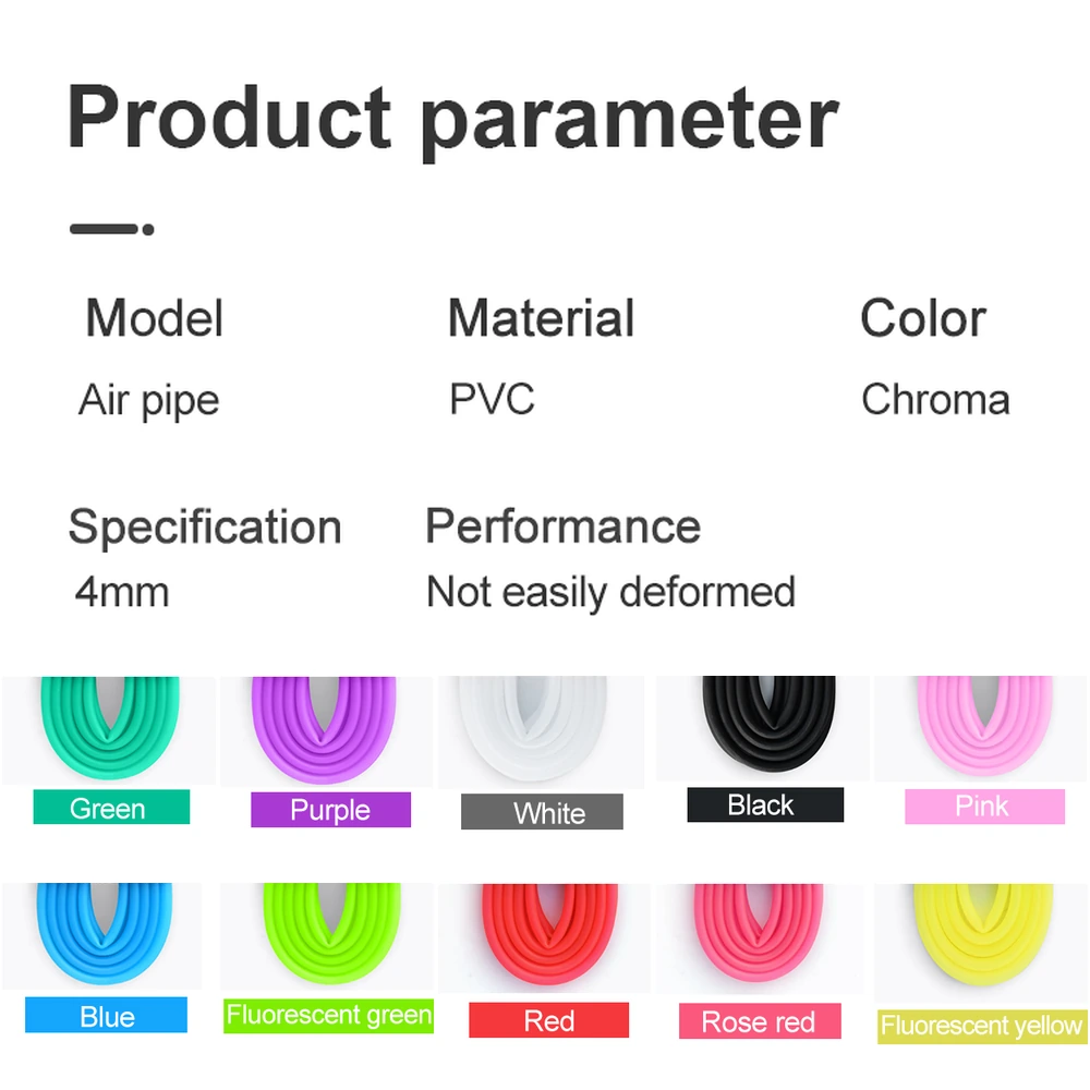 PVC aquarium airline tubing specification and color chart showing ten labeled color options.