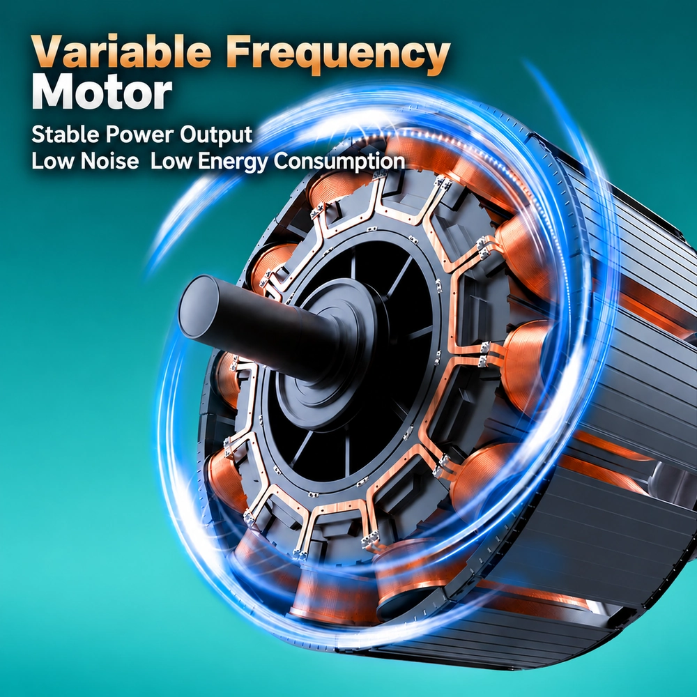 Variable-frequency motor illustration for the Big White water pump, highlighting stable power output, low noise and low energy consumption.