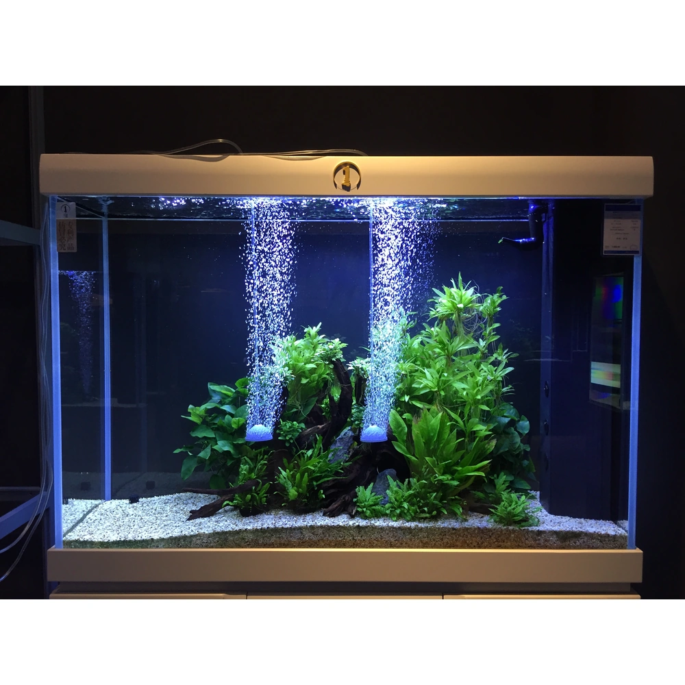 Two KOOI dome aquarium air stones producing rising bubble columns in a planted aquarium with driftwood and gravel.