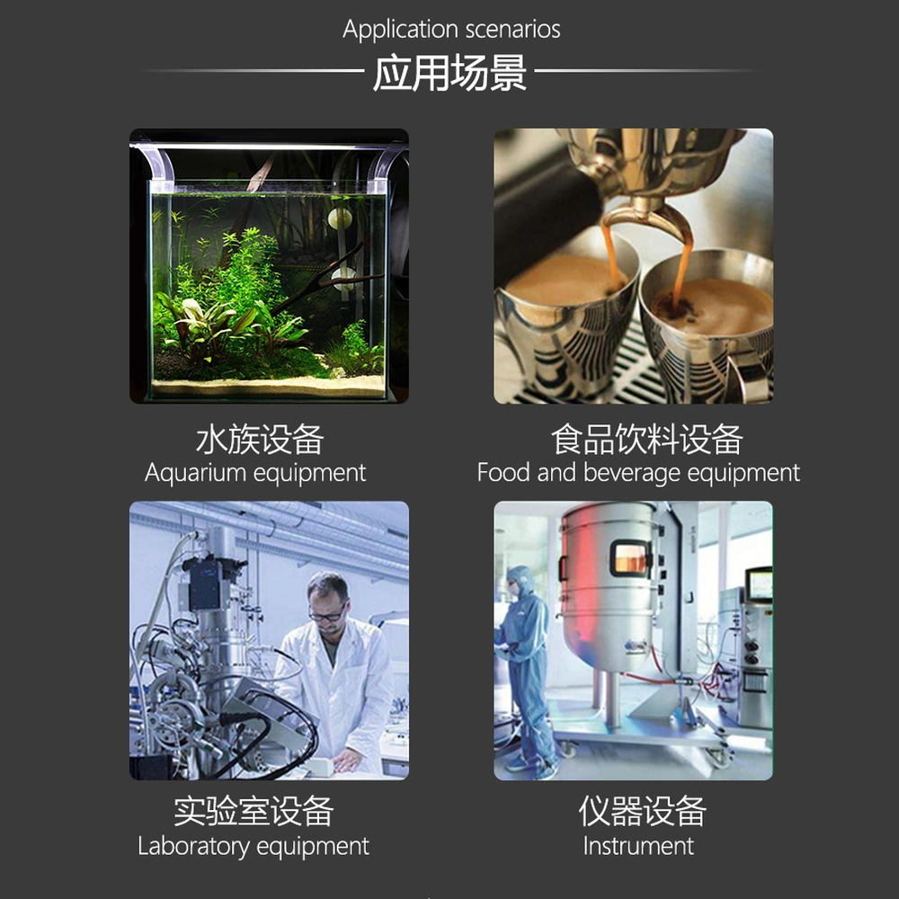 Application collage for an aquarium airline Y connector, labeled aquarium, food and beverage, laboratory and instrument equipment.