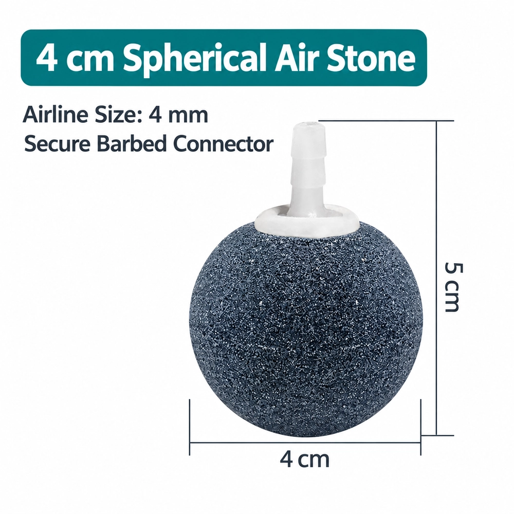 KOOI 40 mm spherical aquarium air stone dimension diagram showing a 50 mm total height and a barbed connector for 4 mm airline tubing.