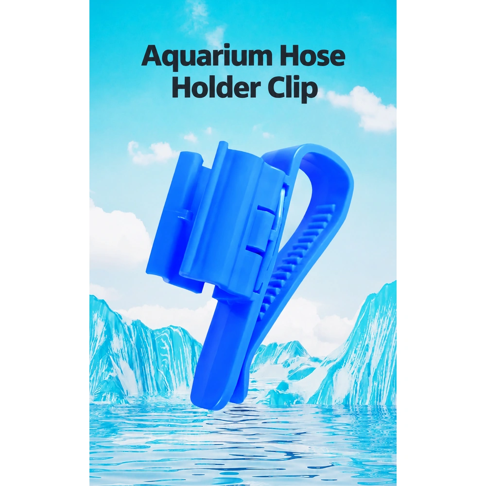 Blue aquarium hose holder clip showing the hose grip and ridged rim clip.