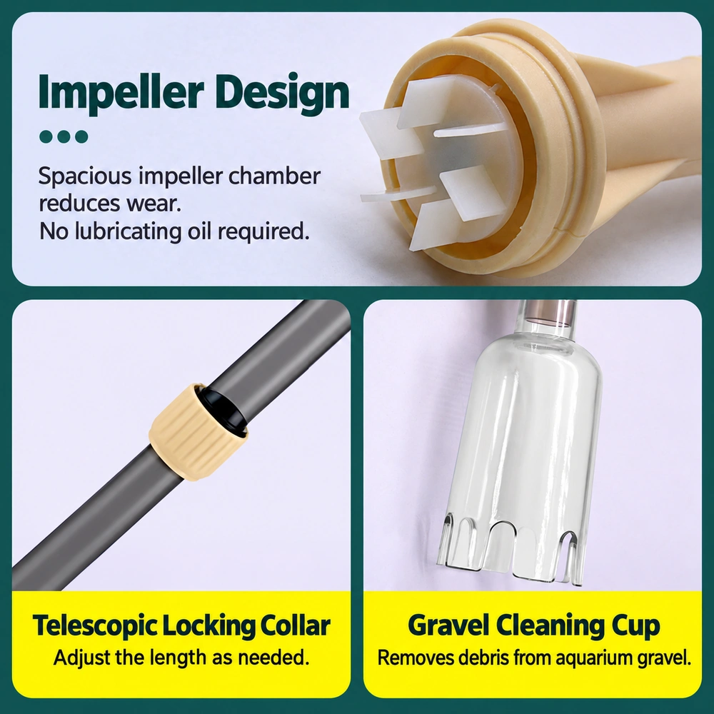 CSQ-U aquarium gravel cleaner details showing the exposed impeller, telescopic locking collar and transparent gravel cleaning cup.