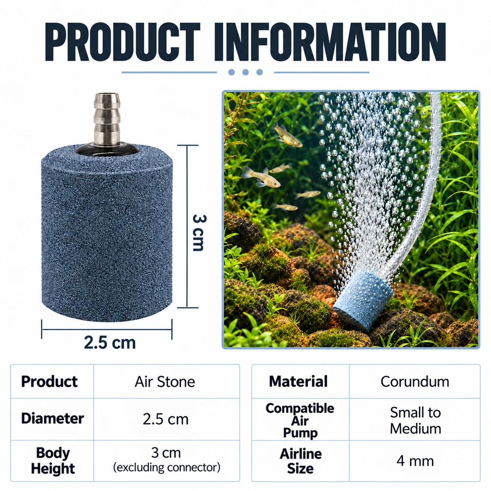 Cylindrical aquarium air stone information panel showing a 25 mm diameter, 30 mm body height, 4 mm airline connection and aquarium use.