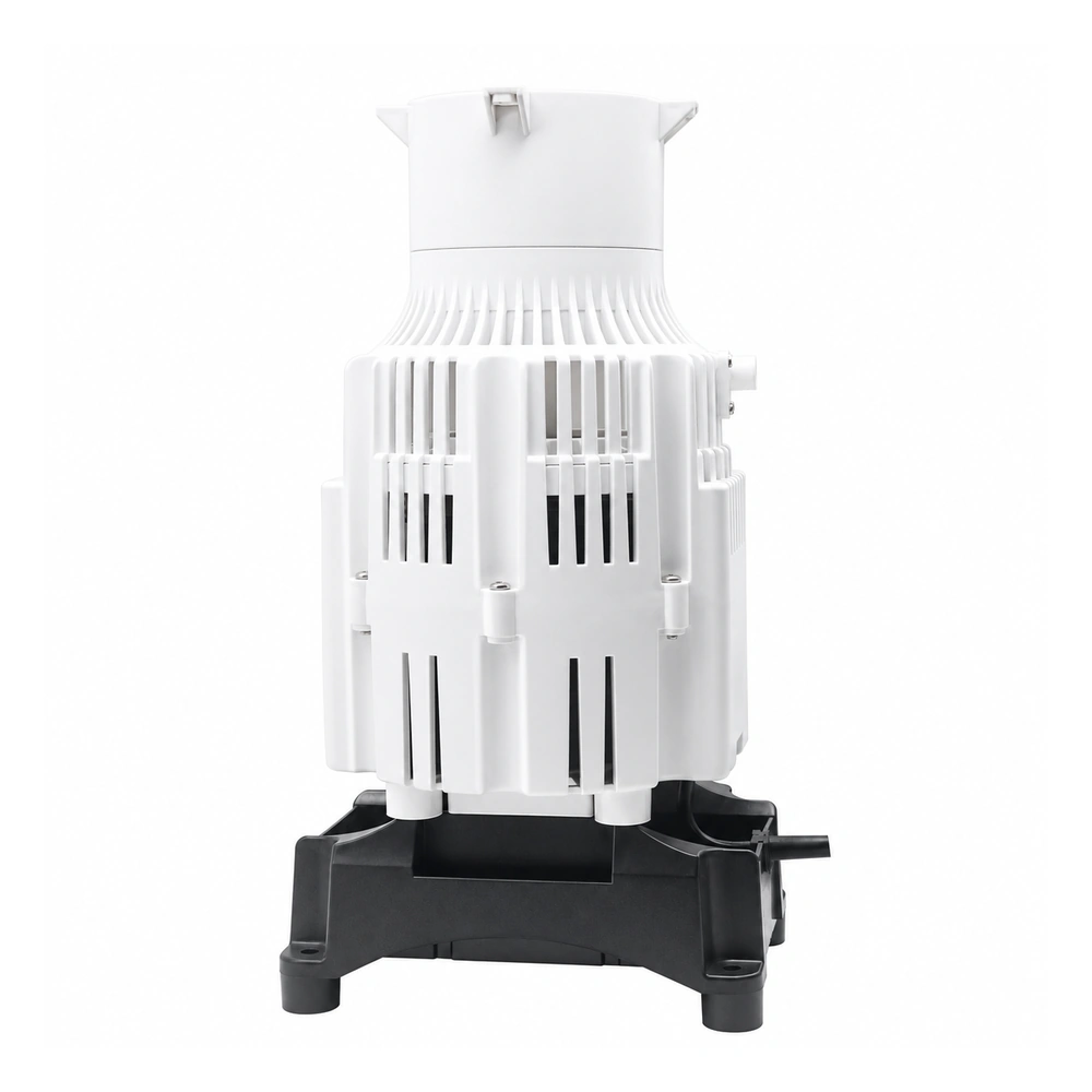 KOOI Big White axial-flow water pump with a white slotted housing, top pipe connection and black mounting base.