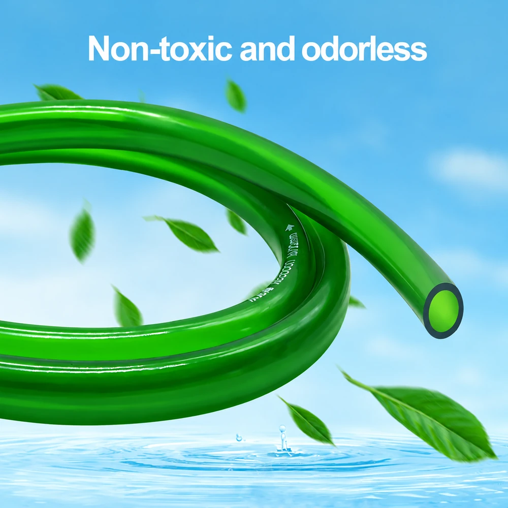 Green PVC aquarium water hose close-up showing the open end, labeled non-toxic and odorless.
