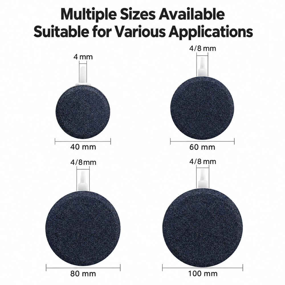 Aquarium air stone disc size chart comparing 40, 60, 80 and 100 mm diameters and air inlet sizes.
