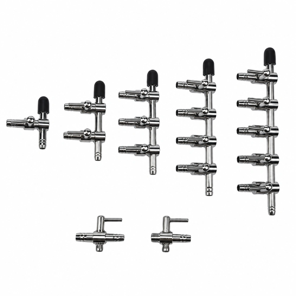 Metal aquarium air control valve series showing one- to five-outlet gang valves and threaded and dual-ended single valves.