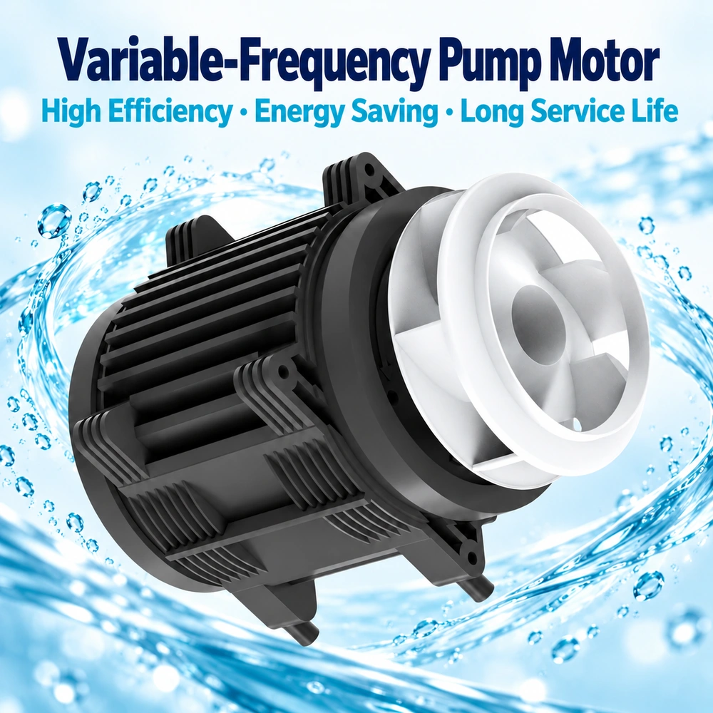 Chubby water pump variable-frequency motor and impeller illustration highlighting efficiency, energy saving and service life.