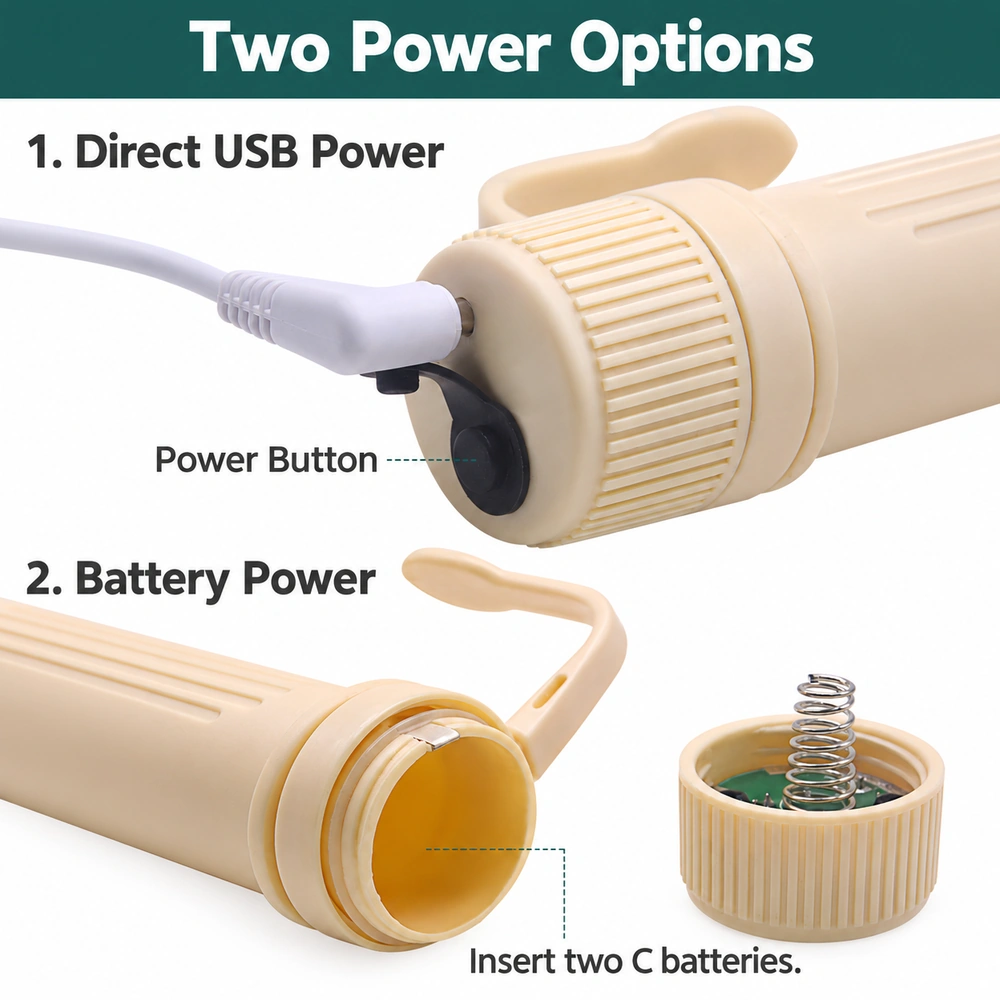 CSQ-U aquarium gravel cleaner power options: direct USB power or two C batteries, with close-ups of the power button and battery compartment.