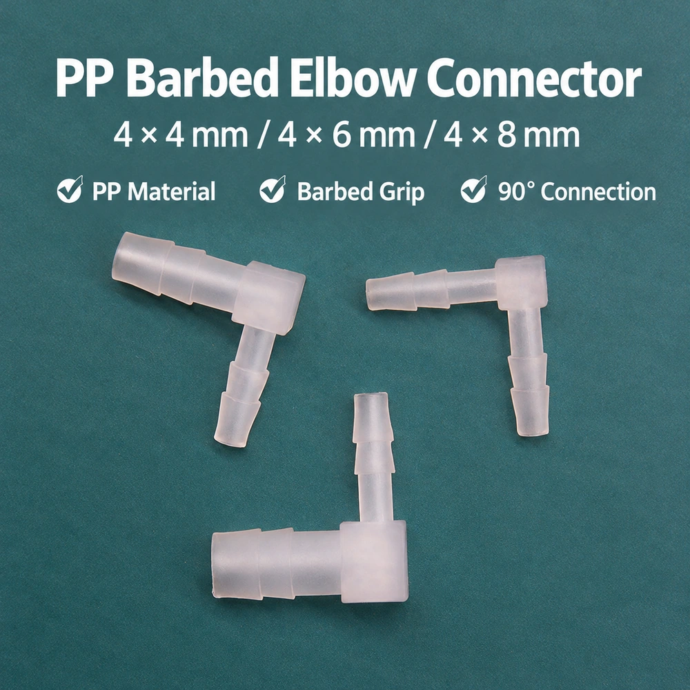 PP barbed elbow connectors in 4 × 4 mm, 4 × 6 mm and 4 × 8 mm sizes, showing the 90° bends and hose barbs.