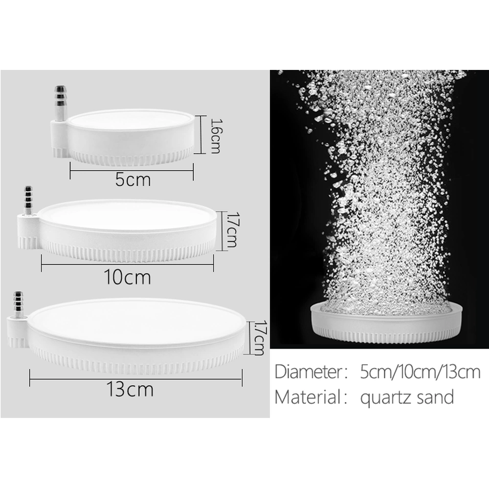 Beluga aquarium air diffuser disc size comparison: 5, 10 and 13 cm diameters, with bubble output shown alongside.
