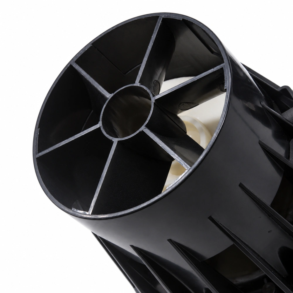 Slim Waist axial-flow water pump outlet close-up showing the radial support ribs and impeller inside.