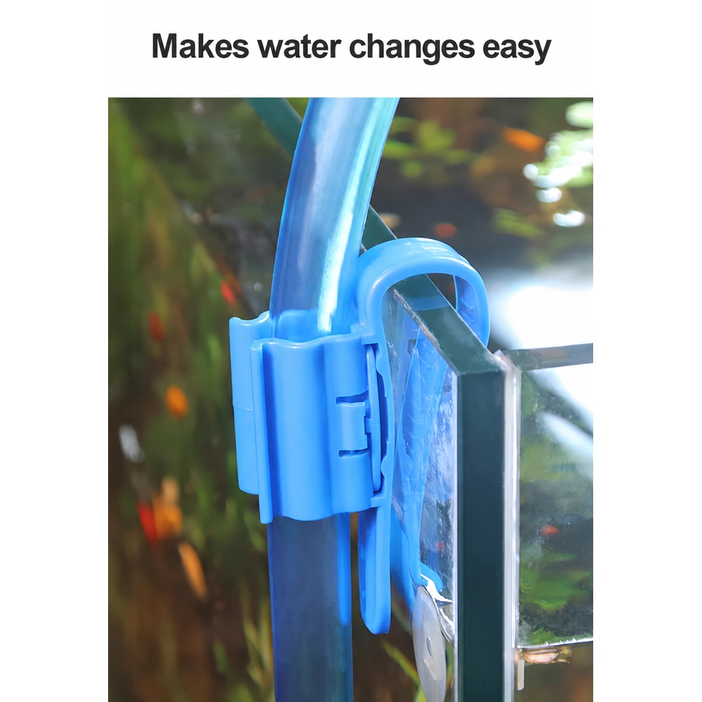 Aquarium hose holder clip securing a blue hose to the glass tank rim for water changes or holding canister filter hoses in place.