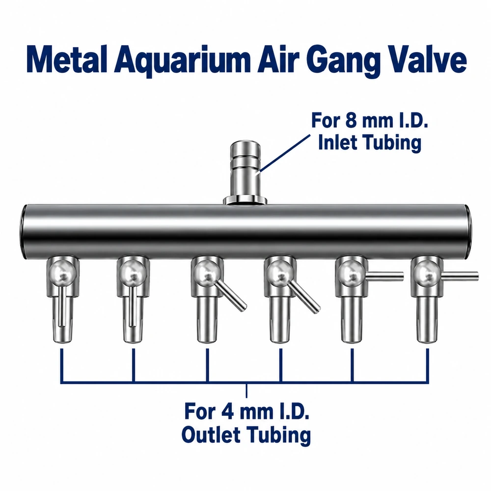 Six-outlet metal aquarium air gang valve connection diagram for 8 mm I.D. inlet tubing and 4 mm I.D. outlet tubing.