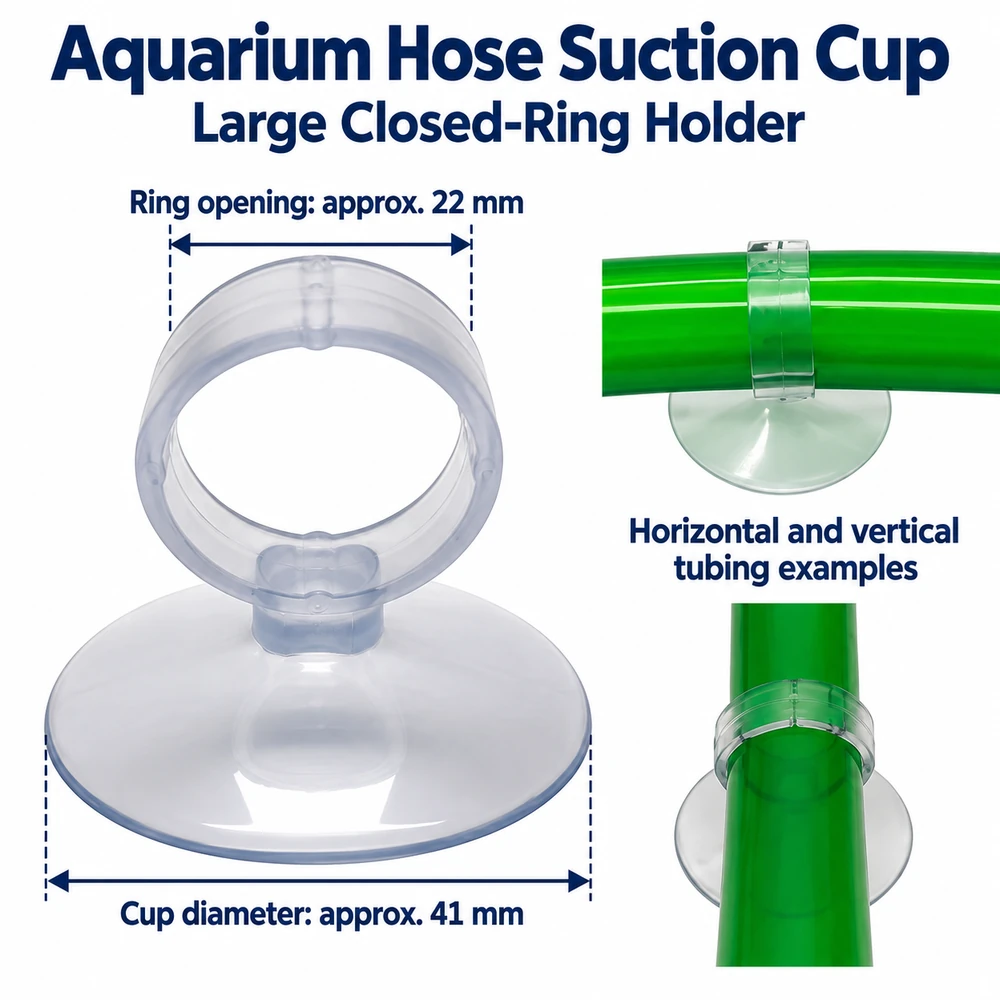 Large aquarium hose suction cup with an approximately 22 mm ring opening and 41 mm cup diameter, shown holding green tubing horizontally and vertically.