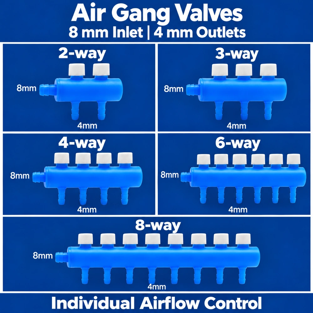 Aquarium air gang valve chart comparing 2-, 3-, 4-, 6- and 8-way versions labeled with 8 mm inlets and 4 mm outlets.