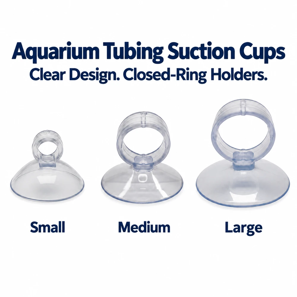 Clear aquarium tubing suction cups with closed-ring holders, available in small, medium and large sizes.