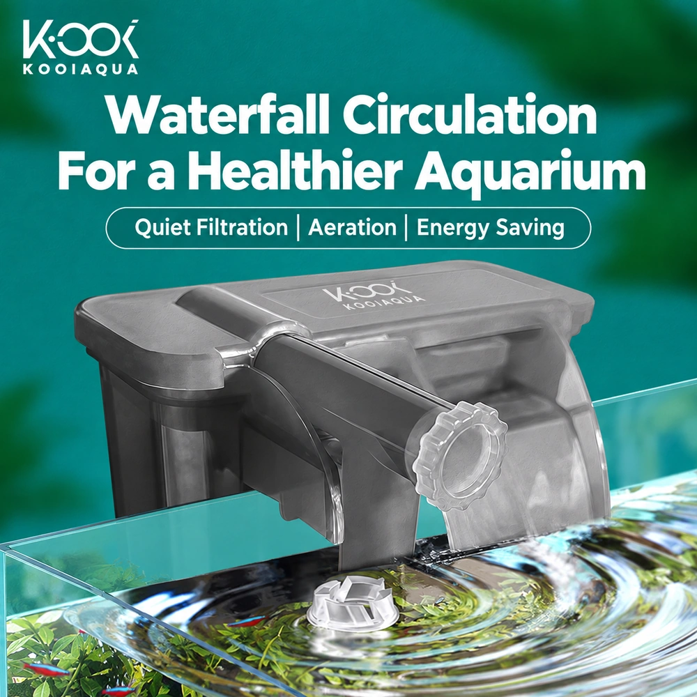 KOOI MB Series hang-on aquarium filter illustration showing waterfall return flow, a flow-control knob and a surface skimmer.