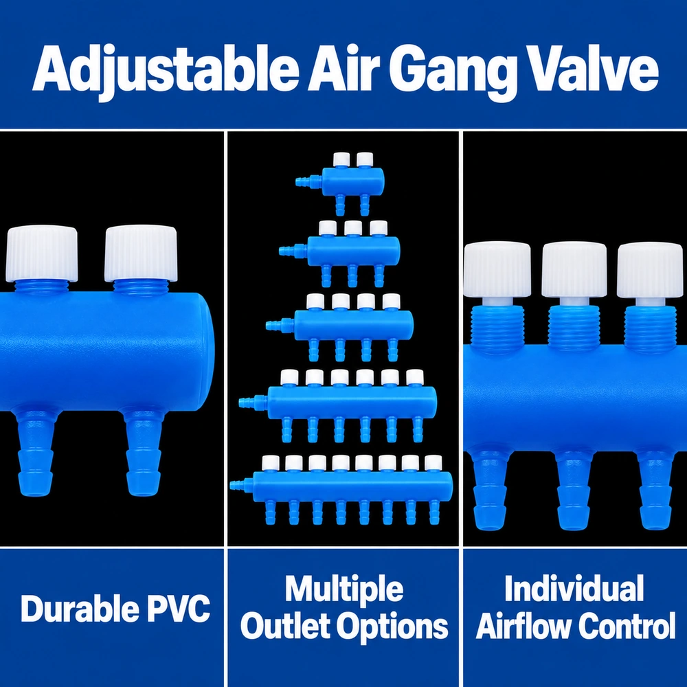 Aquarium air gang valve comparison showing PVC body and threaded adjustment knob details alongside 2-, 3-, 4-, 6- and 8-way versions.