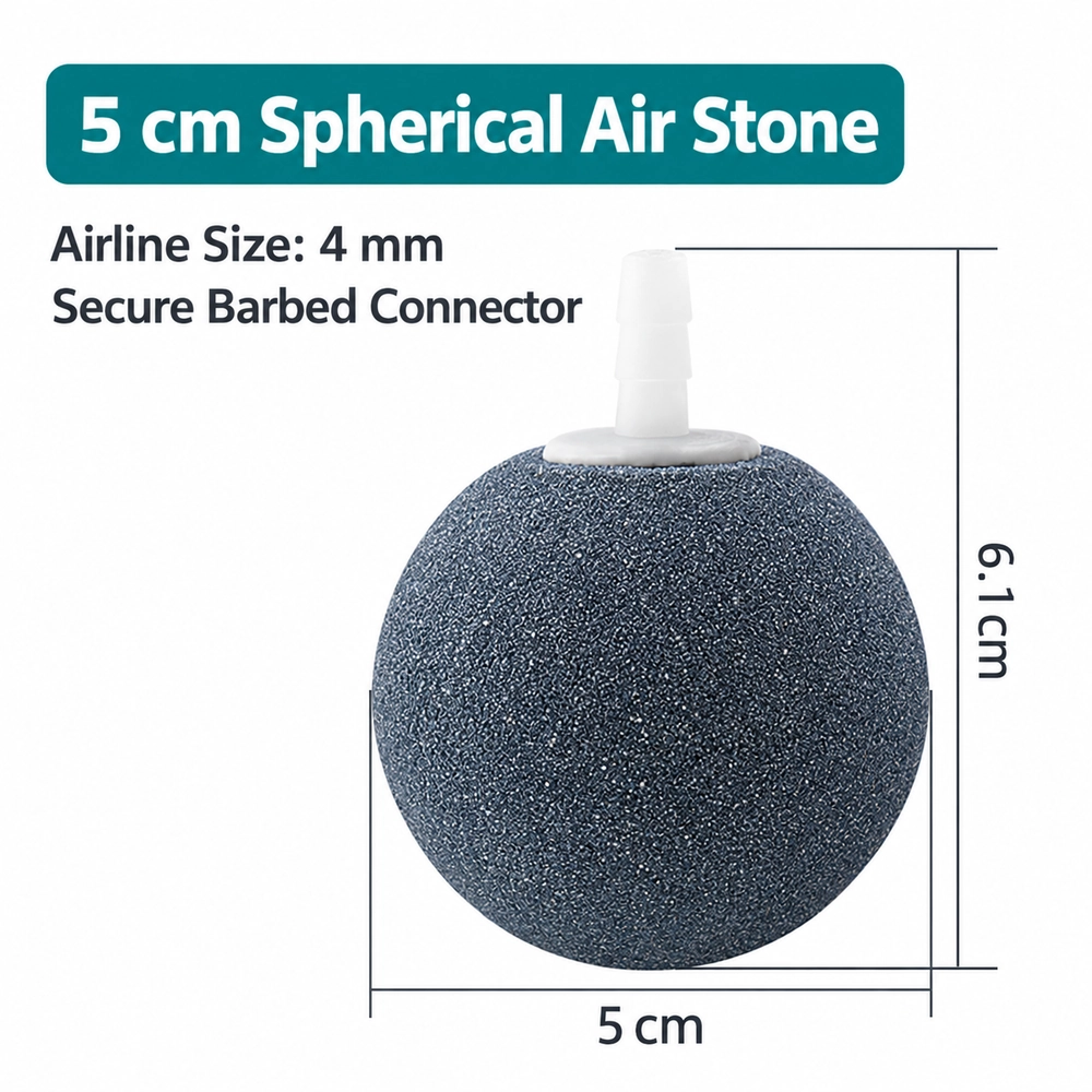 KOOI 50 mm spherical aquarium air stone dimension diagram showing a 61 mm total height and a barbed connector for 4 mm airline tubing.