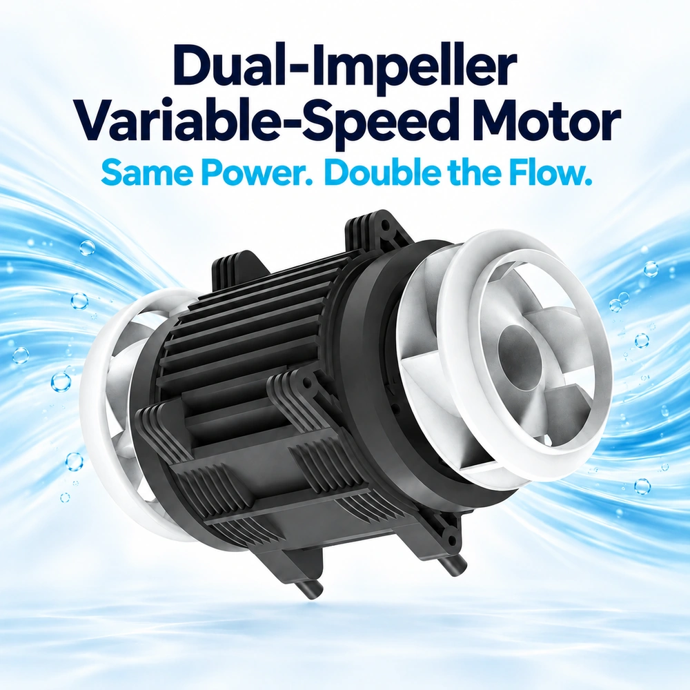 KOOI 63 Dual-Head Series water pump motor illustration showing an impeller at each end.
