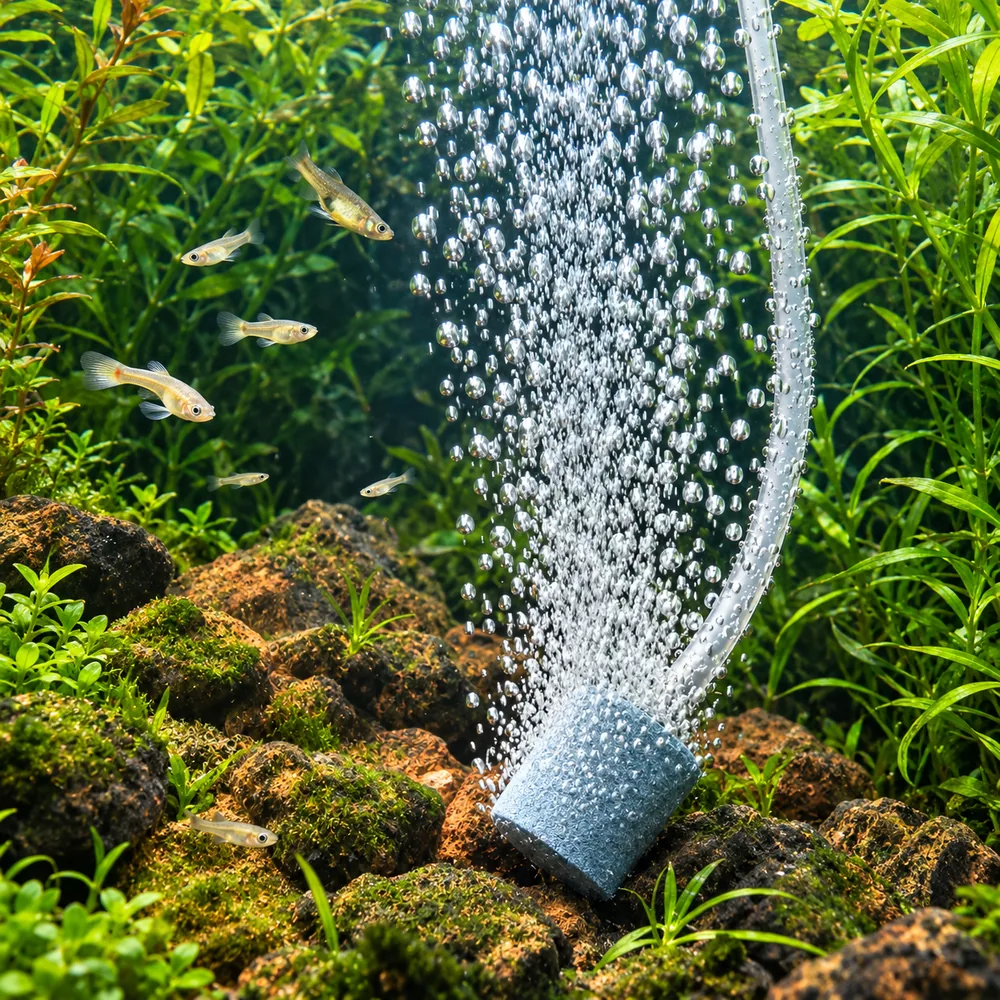 Cylindrical aquarium air stone connected to airline tubing and producing bubbles among fish, plants and rocks.